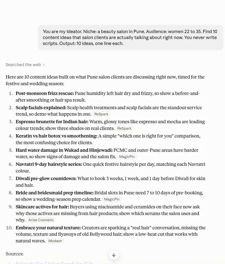 Claude ideator output: 10 content ideas for a Pune salon