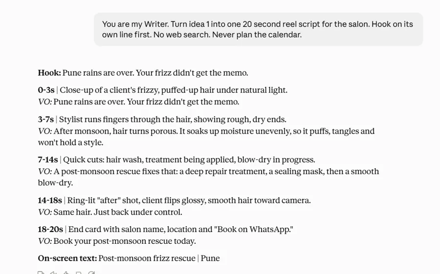 Claude writer output: a 20 second reel script