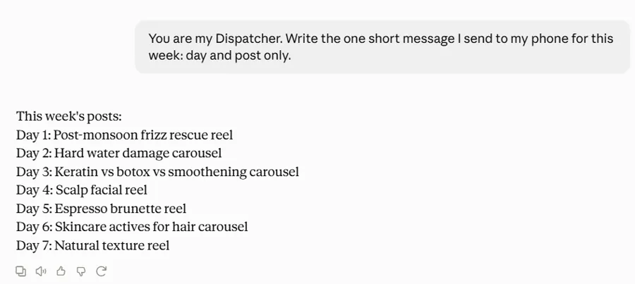 Claude dispatcher output: one message with this week's posts